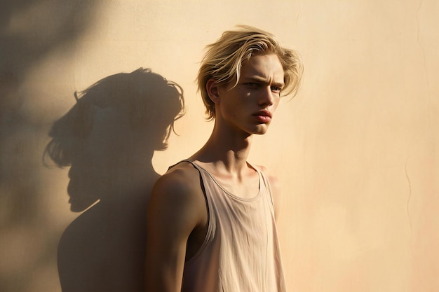 Portrait of a young beautiful girl with blond hair in a beige Tshirt on the background of the wall