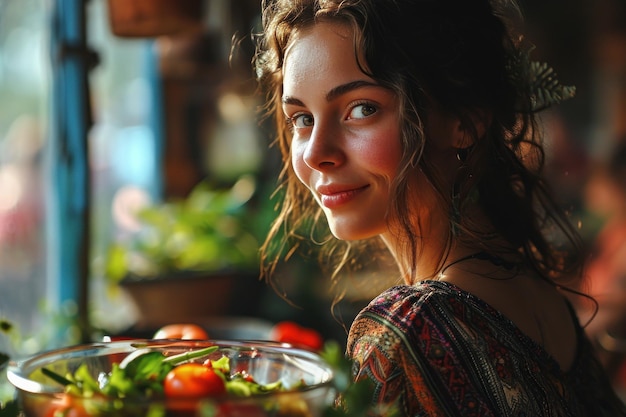 Portrait of a young beautiful girl with a bowl of salad