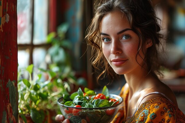 Portrait of a young beautiful girl with a bowl of salad