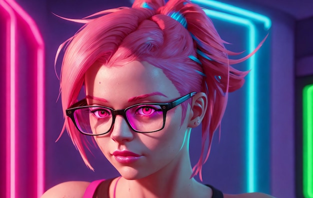 Portrait of young beautiful girl with pink hair in glasses Generative AI