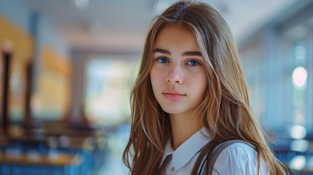 A portrait of a young beautiful school student standing in a classroom while a lesson