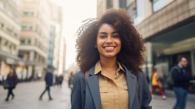 Portrait of a young beautiful smiling American woman on a city street A happy contented businesswoman enjoys life Lifestyle Emotions People Youth business concepts