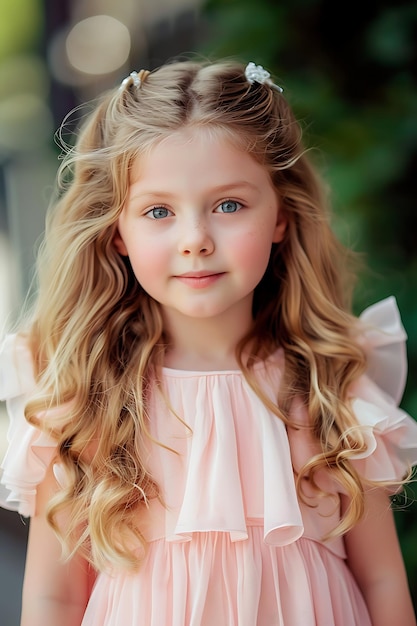 Portrait of young beautiful smiling girl in trendy summer light pink dress