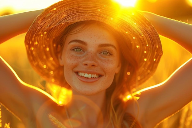 Photo portrait of young beautiful smiling hipster girl in trendy summer sundress