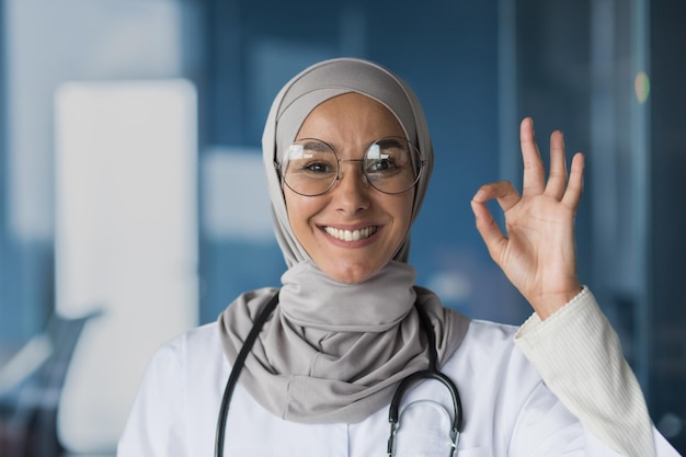 Portrait of a young beautiful woman an arab muslim doctor she stands dressed in a hijab glasses and