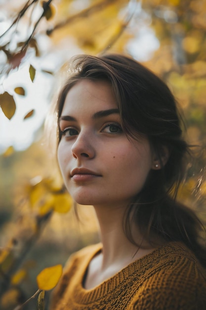 Portrait of a young beautiful woman in the autumn forest Closeup