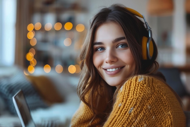 portrait of young beautiful woman smiling while working with laptop and listening music on headphone while looking away in office