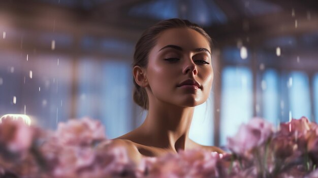 Photo portrait of young beautiful woman in spa environment