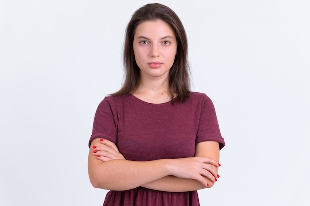 Portrait of young beautiful woman on white