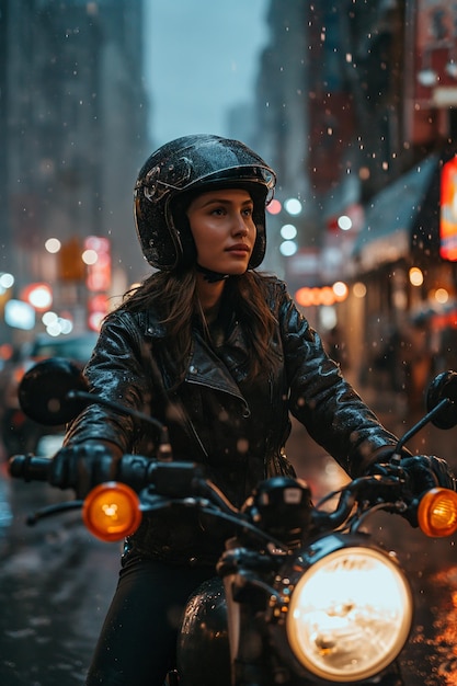 Portrait of a young biker woman in rainy weather