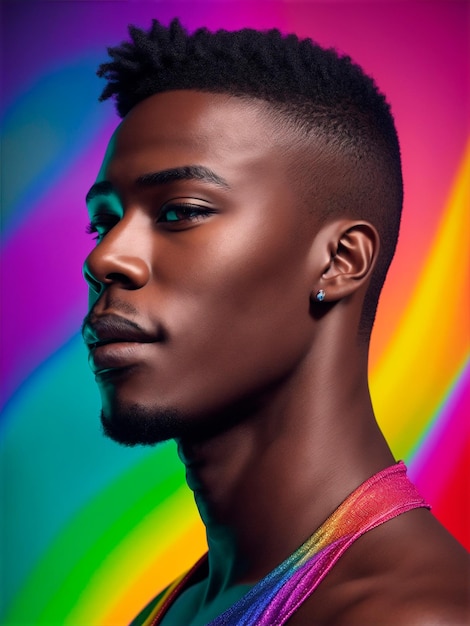 Photo portrait of a young black man on a rainbow background