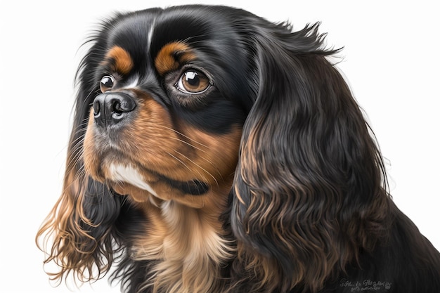 Portrait of a young black and tan Cavalier King Charles Spaniel set against a white background