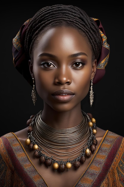 Portrait of a young blackskinned African woman wearing traditional clothing and jewelry in studio perfect skin Ai generated