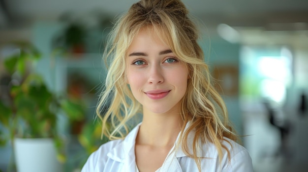 Photo portrait of a young blonde female doctor smiling with a modern office as the backdrop