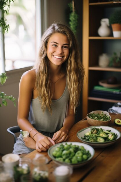 Photo portrait of a young blonde woman sitting at a table with healthy food