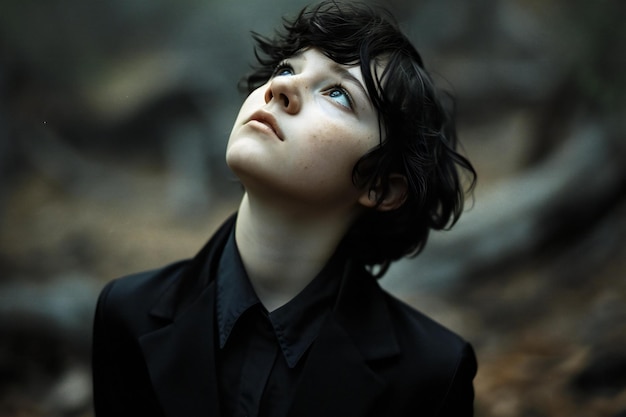 Portrait of a young boy in a black coat in the woods