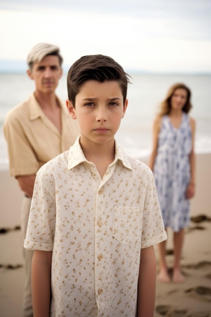 Portrait of a young boy standing between his parents at the beach created with generative ai