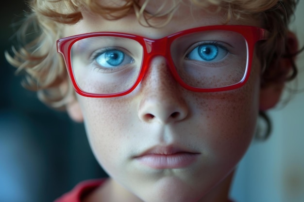 Portrait of a young boy with blue eyes and red glasses