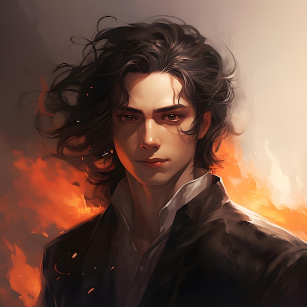 Portrait of a young boy with long black hairs with fire in the background