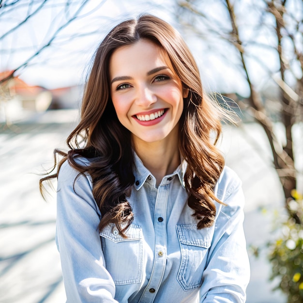 Portrait of Young Brunette Woman Smiling Cheerfully generative AI