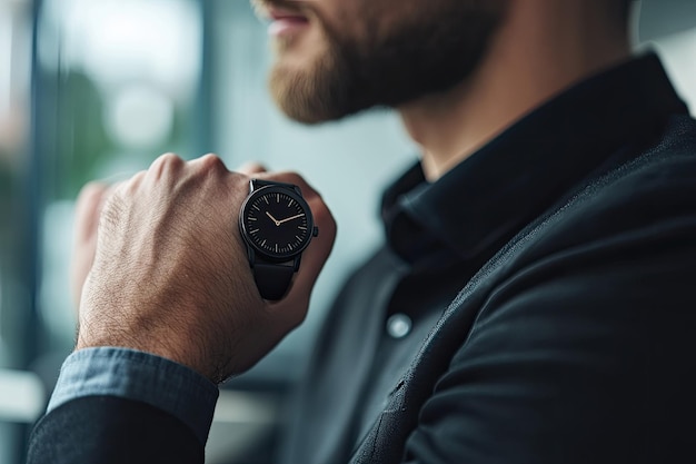 Portrait of a young business man watching watch in office