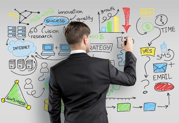 Portrait of young business man with signs on background