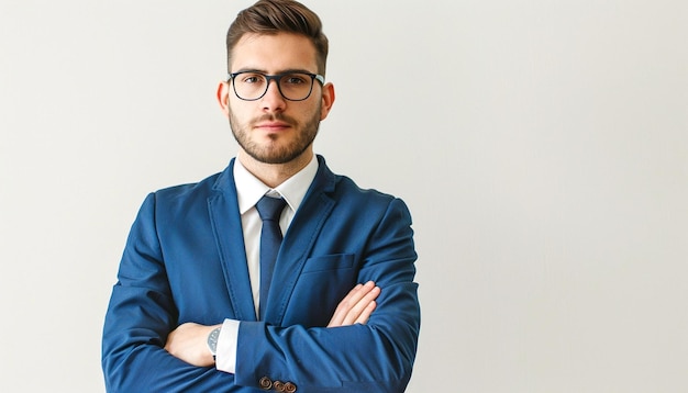 Photo portrait of a young businessman in blue suite on white background