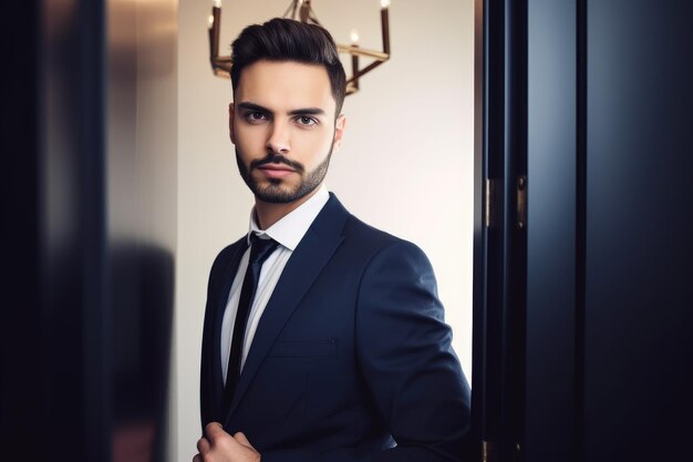 Portrait of a young businessman holding open the door to his office created with generative ai