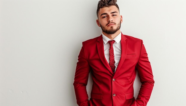 Photo portrait of a young businessman in red suite on white background