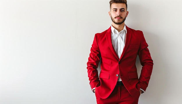 Photo portrait of a young businessman in red suite on white background