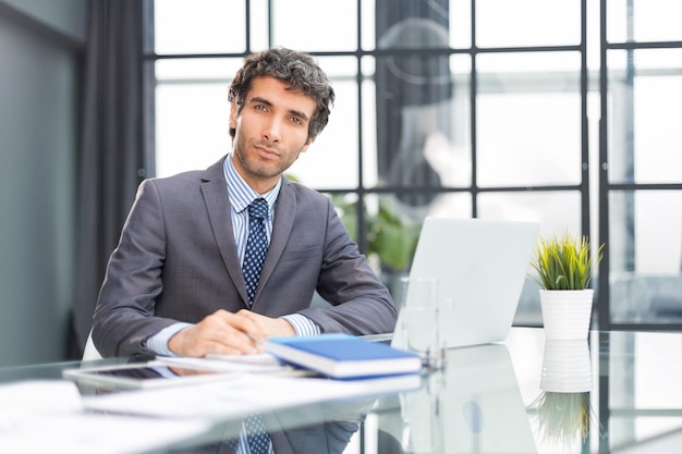 Portrait of young businessman sitting at his desk in the office