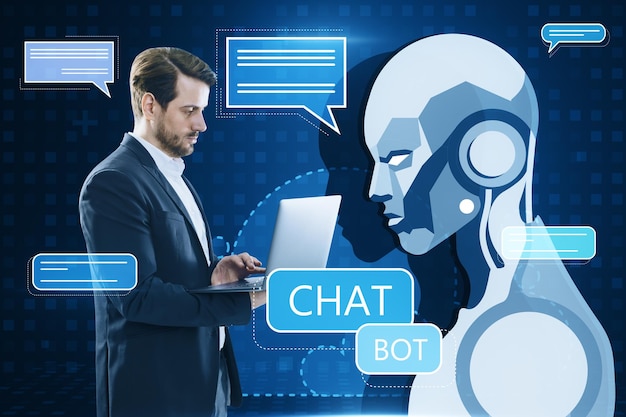 Photo portrait of young businessman using laptop with creative glowing robot and chat ai hologram on blue pixels background machine learning artificial intelligence and innovation concept