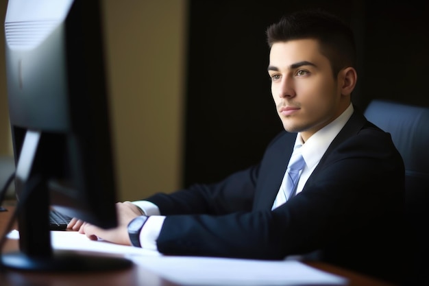 Portrait of a young businessman working on a computer in an office created with generative ai