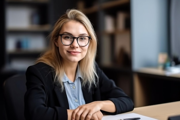 Portrait of young businesswoman in eyeglasses sitting at desk in office Generative AI