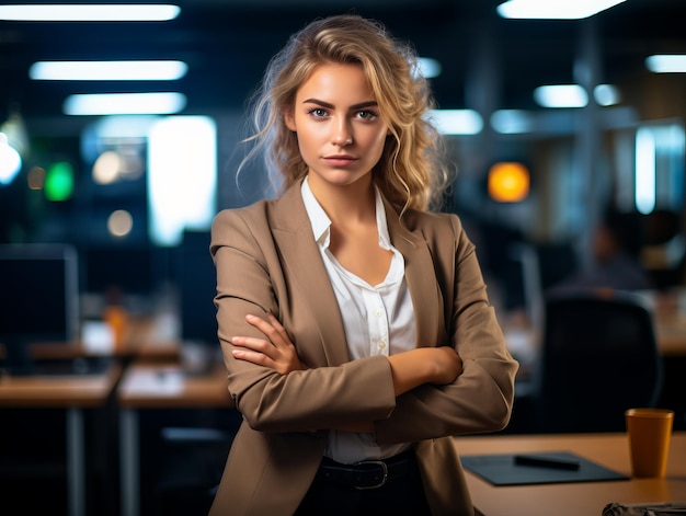 portrait of young businesswoman standing in an office with her arms crossed