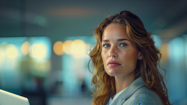 Portrait of young businesswoman using laptop in office lobby Blurred background