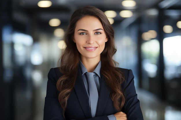 Portrait of young businesswoman with crossed arms standing in office