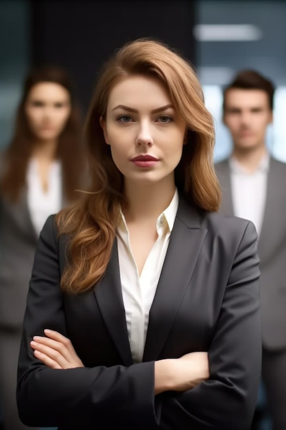 Portrait of a young businesswoman with her colleagues in the background created with generative ai