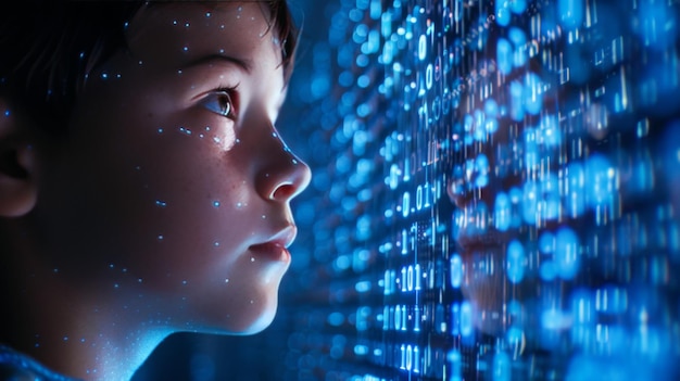 Portrait of a young child captivated by the glow of a digital data stream reflecting curiosity and the impact of technology on youth