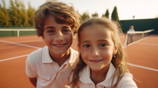 Portrait young children tennis players looking at camera taking selfie