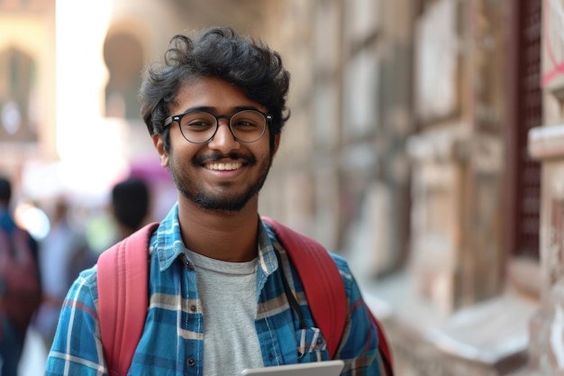 Portrait of a young confident smiling indian man holding a tablet and looking into the distance