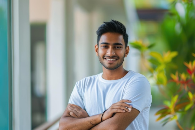 Portrait of a young confident smiling indian man with his arms crossed looking into the distance