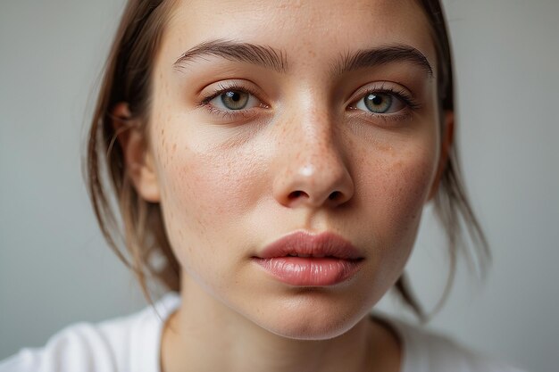 Photo portrait of a young confident woman with acne