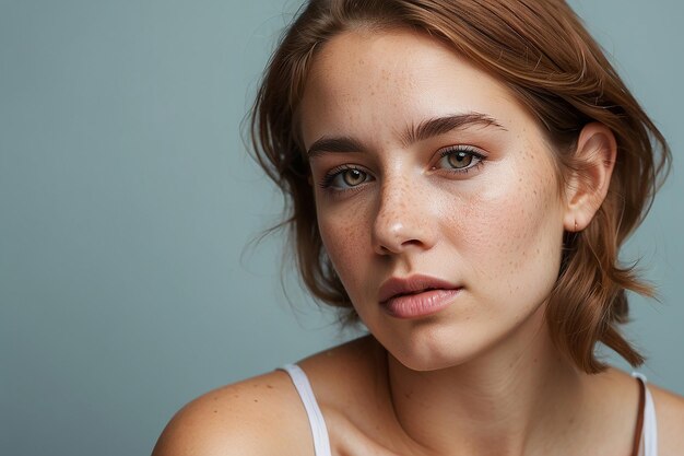 Photo portrait of a young confident woman with acne