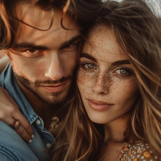 Portrait of young couple in love posing at studio