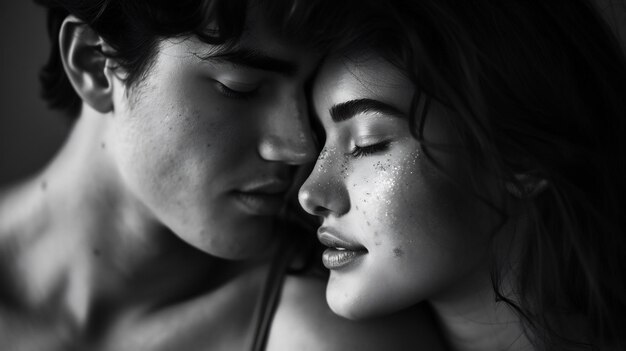 Portrait of young couple in love posing at studio