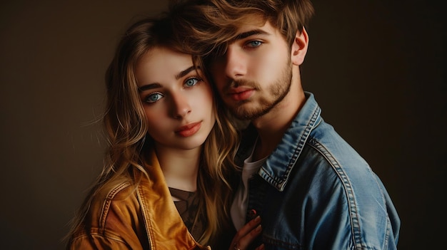 Portrait of young couple in love posing at studio