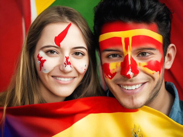 A portrait of a young couple their faces adorned with colorful face paint proudly in their victory