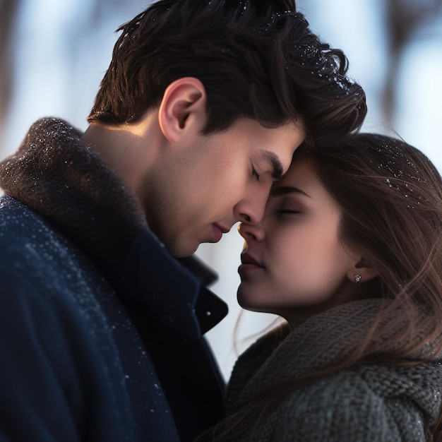 Portrait of a young couple in the winter forest They are kissing