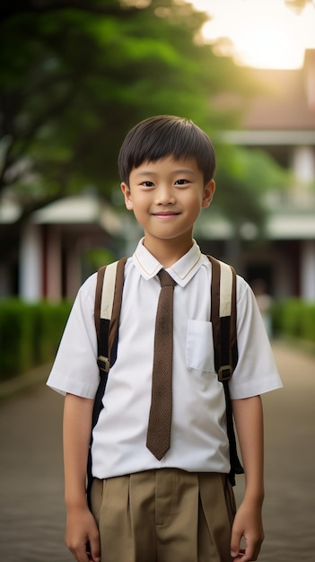 Portrait of a young cute boy in school uniform holding a bunch of flowers in a park Generative AI